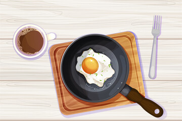 Fried egg on frying pan wooden board, fork and coffee cup top view in cartoon style on wooden table background. Breakfast meal