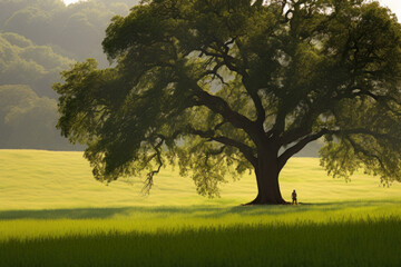 a large tree in the middle of a grassy field with two people sitting under it and one person standing underneath