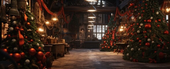 Christmas tree in a classic wooden interior at night