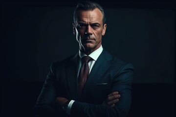 Obraz premium Portrait of mature businessman in suit looking at camera on black background.Generative Ai