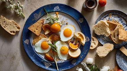some food that is on a blue plate with bread and wine in the background, next to it are toasted eggs