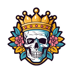 smile skull headwearing a crown with flower decoration vector clip art illustration