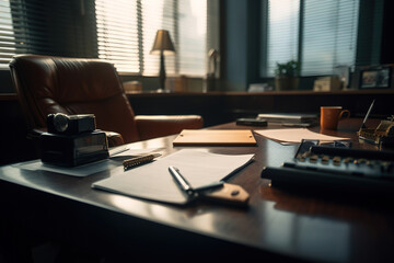 Office workplace, cabinet interior. Table with documents and brown leather armchair by the window, selective focus