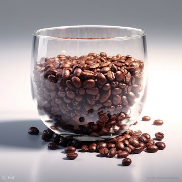 Grains of coffee in a glass bowl on a white background for a fragrant drink