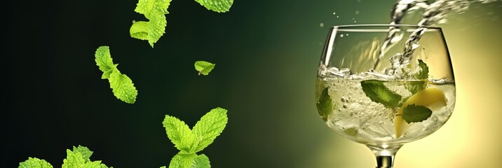 Liquor glass of white wine cocktail mixed with ice cube, mint, green mist flowing from it, generative AI