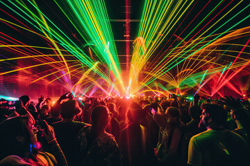 people dancing in the dark with laser lights on their faces and arms as they dance at night club stock photo