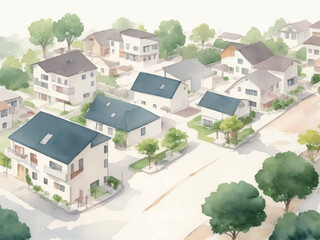 住宅街の風景画 水彩イラスト AI生成画像