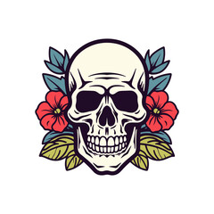 An iconic and recognizable skull head with flower decoration vector clip art illustration, symbolizing the cycle of life and death, suitable for artistic projects and spiritual themes