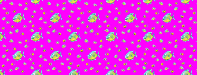 seamless pattern. Set with fish. Sea and river fish. Horizontal image. Banner for insertion into site.