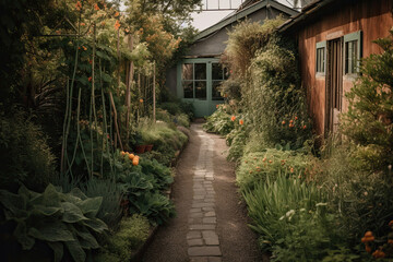 Obraz premium a garden with flowers and plants on the side of a house that is surrounded by trees, bushes and shrubs