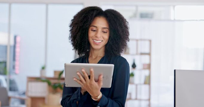 Woman, tablet and scroll, website layout and web design with technology at SEO agency. Creative female employee, touchscreen tech and smile, busy with research for app development and multimedia