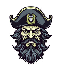 An iconic and unforgettable pirates zombie head vector clip art illustration, representing the cursed souls of the high seas, suitable for haunted attractions, movie posters, and dark storytelling