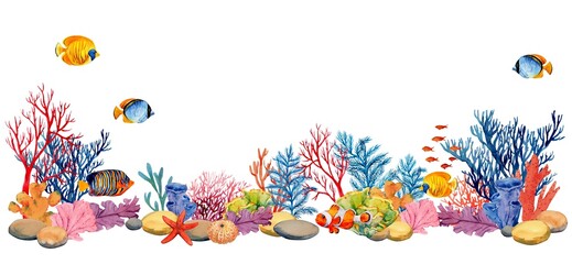 Fototapeta na wymiar Coral reefs with tropical fish, rocks and algae. Underwater landscape. Bright watercolor illustration. The plot for the design of banners, souvenirs, postcards, posters, design and printing