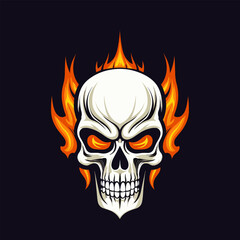 An intricately detailed flaming skull vector clip art illustration, featuring fiery elements and menacing eyes, ideal for tattoo designs and horror-themed projects