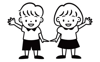 仲良しな手を挙げる笑顔の男の子と女の子の可愛いポップな子ども・キッズの全身ベクター人物イラスト素材_モノトーン線画