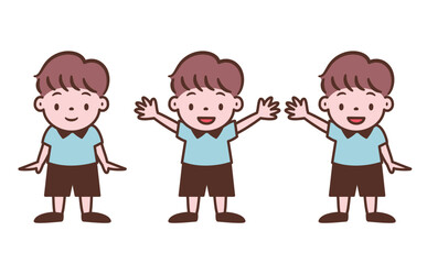 バンザイ・喜ぶ・挨拶・ノーマルな男の子の可愛いポップな子ども・キッズの全身ベクター人物イラスト素材_茶色線
