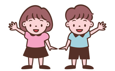 仲良しな手を挙げる男の子と女の子の可愛いポップな子ども・キッズの全身ベクター人物イラスト素材