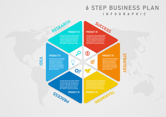 infographic template 6 step business plan success hexagon segmented multicolored white lettering inner icon world map background on gray gradient background design for marketing, product, project