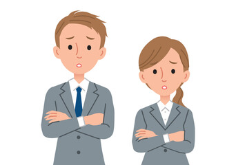 腕組みしながら悩むビジネスパーソン（男女）