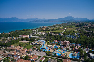 Amusement park, attractions on Lake Garda in Italy, aerial view. Aerial panorama of the popular...