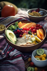 Delicious cuisine, healthy and natural avocado salad, outdoors on a picnic mat