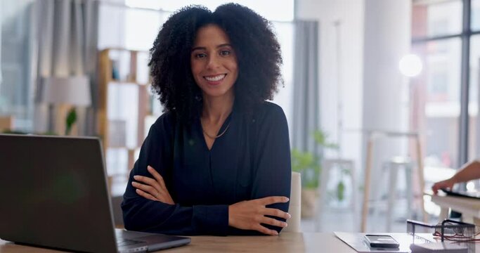 Crossed arms, laptop and businesswoman with confidence in the office while working on a project. Happy, smile and portrait of a professional female lawyer doing legal research for a case in workplace