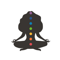 Seven chakras system of human body. Meditating female silhouette with basic energy centers. Yoga, relaxation or healthy lifestyle concept. Health care. Indian culture. Flat vector illustration.