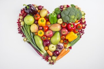 Naklejka na ściany i meble fresh vegetables heart, Vibrant Harvest: A Heart of Colorful Vegetables on a White Background, Radiating the Light Green and Light Crimson Tones of Healthy and Nutritious Delights