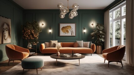 A luxurious and elegant mid-century modern interior design concept for a spacious living room. Generative AI