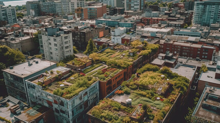 Fototapeta premium the city from above, with green roofs and tall buildings in the fore - image is an aerial view of new york