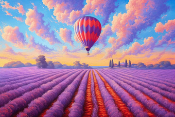 Fototapeta na wymiar watercolor Landscape Lavender fields in France and a hot air balloon illustration