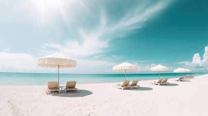 Beach chairs and umbrellas on beautiful tropical beach, Generative AI