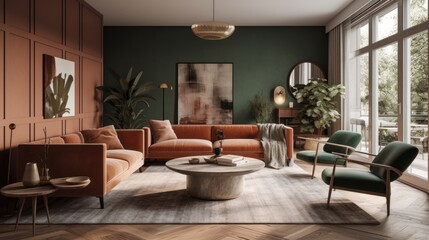 A luxurious and elegant mid-century modern interior design concept for a spacious living room. Generative AI