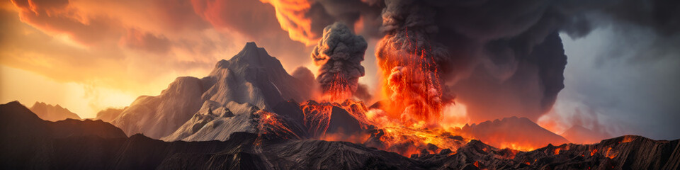 Stunning volcanic eruption panorama with molten lava flowing on mountain slopes and breathtaking ash-filled sky, evoking intense emotions and awe. Generative AI