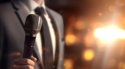 male speaker holding a microphone with a blurred background generated ai