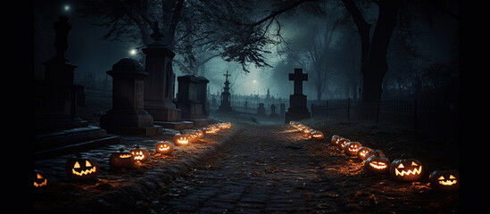 Fototapeta na wymiar Pumpkins in the graveyard on a spooky night - Halloween background. Generative AI illustration. panoramic image.