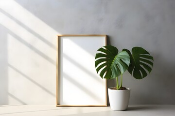 monstera pot with blank wall decoration in a studio with window shade generated ai