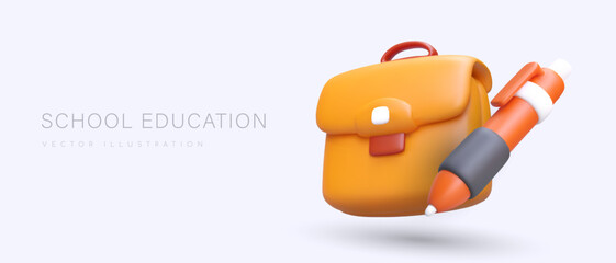 Learning at school. Color 3D briefcase, ballpoint pen with shadows. Poster for educational courses. Tutor services. Template for advertising stationery, school supplies