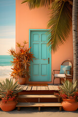 beach house door with palm tree