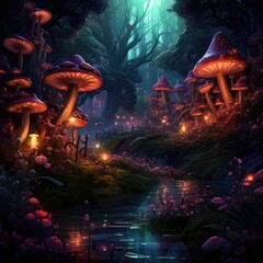 A colorful forest city of fairies with magical glowing plants, ancient mighty moss-covered trees, butterflies and fireflies fly in the air - 616026472