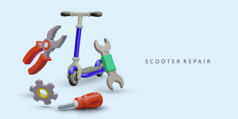 Repair and restoration of kick scooters. Service of children and adult models. Selection of original replacement parts. Advertising poster with cute 3D illustration in plasticine style