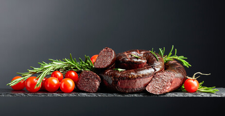 Traditional European black pudding or blood sausage with rosemary and tomatoes.