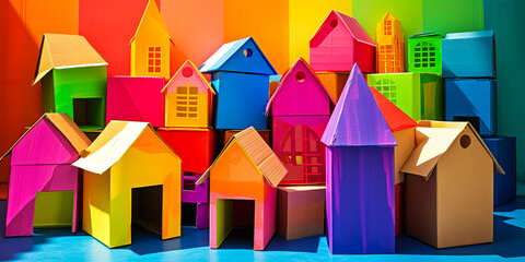 Vibrant cardboard boxes, painted in a rainbow of striking hues, stacked to form whimsical house and colorful cityscape evoke emotion and inspire creativity. Generative AI