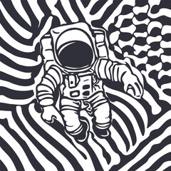Vector graphic simple monochrome astronaut in striped patterns, hand drawn. Square sticker or badge.