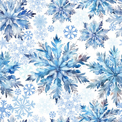 Snowflakes background. Repeated silver texture. Snow printed. Seamless pattern of watercolor snowflakes. Vector illustration