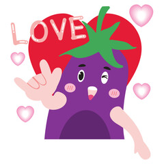Eggplant cartoon character making love sign with love text with heart shape on white background. Cute smile. Flat vector illustration.