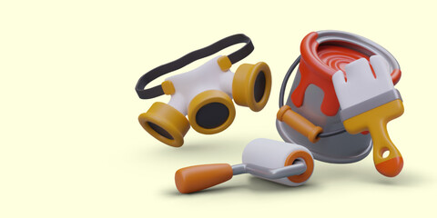 Services of painters. Painting ceiling, walls, large buildings and small rooms. Poster with 3D can of paint, brushes, respirator. Selection of color palette. Modern materials for repair