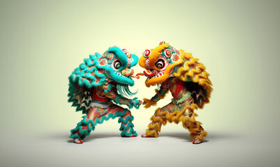 Fototapeta premium a couple of Chinese lion dancers, a traditional dance while the country remained isolated against ligth bright background. generative AI.