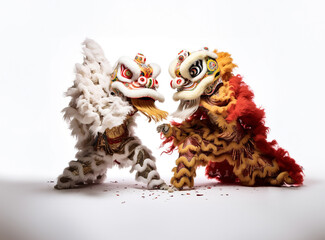 a couple of Chinese lion dancers, a traditional dance while the country remained isolated against ligth bright background. generative AI.