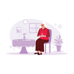 The older woman sits relaxed on a chair at home, drinking warm tea. Trend Modern vector flat illustration.